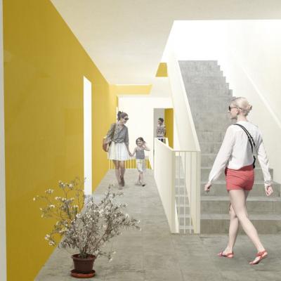 Wohnquartier Stifterstraße, Modell-Ansicht des Stiegenhauses – LCB Planung GmbH.