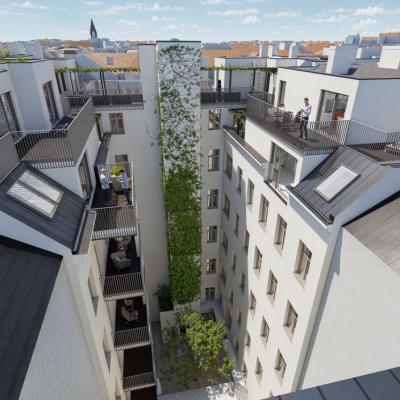 Glanzzeit – ein Wohnbau in der Landstraßer Hauptstraße mit 35 Wohn- und 3 Gewerbeeinheiten. Der Innenhof wird mit modernen Begrünungselementen gestaltet, geplant von LCB Planung GmbH.