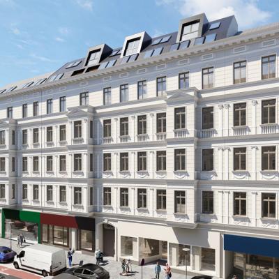 Glanzzeit – ein Wohnbau in der Landstraßer Hauptstraße mit 35 Wohn- und 3 Gewerbeeinheiten. Das Gründerzeithaus wird mit viel Sorgfalt revitalisiert, in der Darstellung die Straßenansicht, geplant von LCB Planung GmbH.